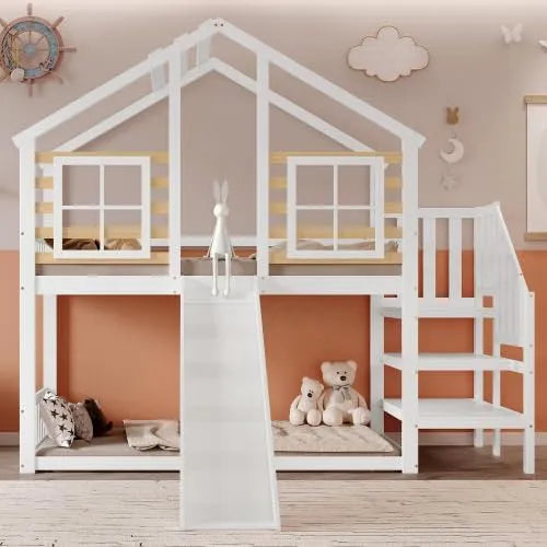 Lit superposé et lit mezzanine: pour enfant, en bois, avec escalier, avec toboggan, 90 × 200 cm, blanc, en bois massif