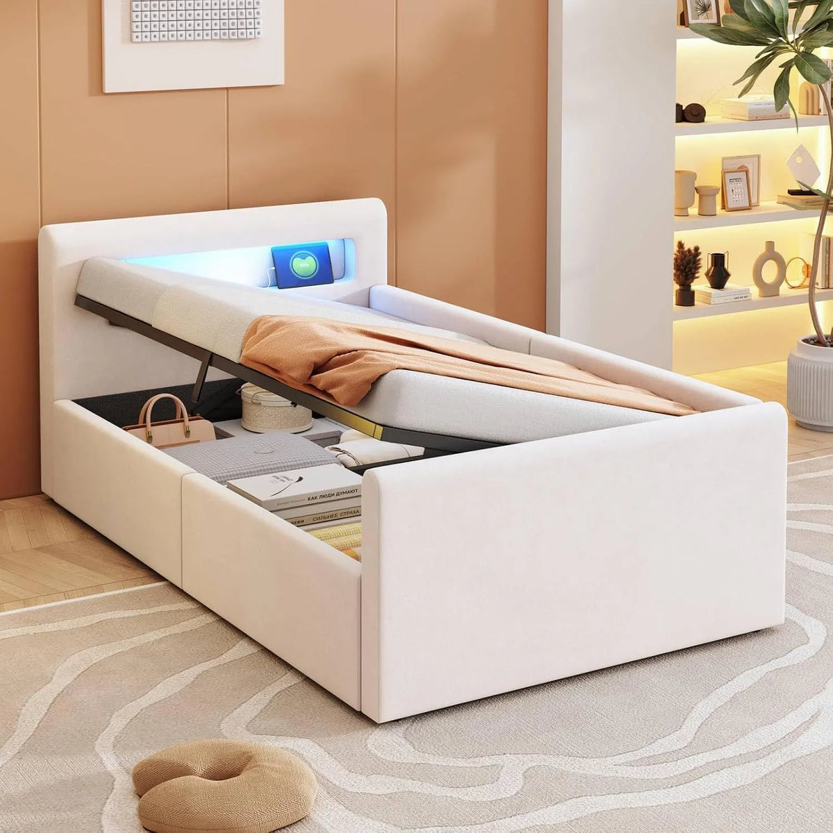Sweiko Lit Enfant 90 * 200 cm avec lumière LED – pour enfant, revêtement en tissu, avec rangement, avec Bibliothèque et étagère de rangements