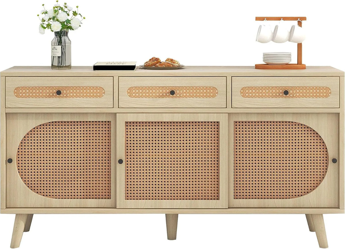 Merax Buffet et meuble de rangement Moderne avec étagères réglables: en bois, avec rangement, avec tiroirs, 3 Portes, 3 tiroirs, 140 × 40 × 78 cm