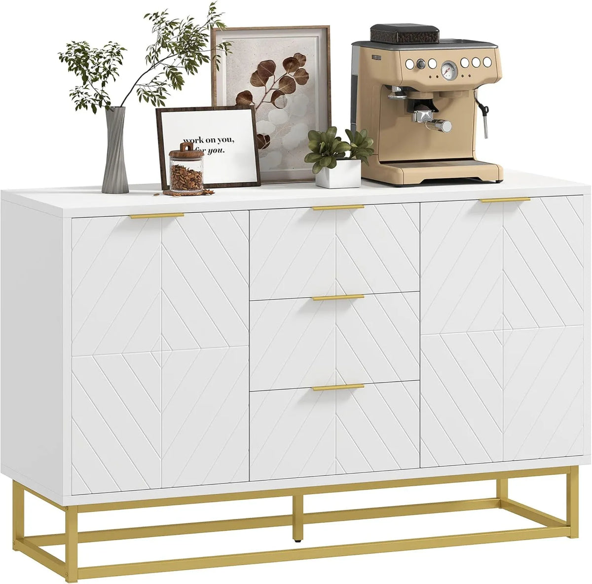 HOMCOM Buffet et meuble de rangement – en métal, en bois, avec rangement, avec tiroirs, 3 tiroirs, 120 × 40 × 76 cm, blanc, avec étagères