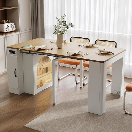 Table de Bar Extensible avec Rangement et Plateau Amovible – RGB, avec port USB, éclairage RGB, affichage LED, blanc, avec roulettes