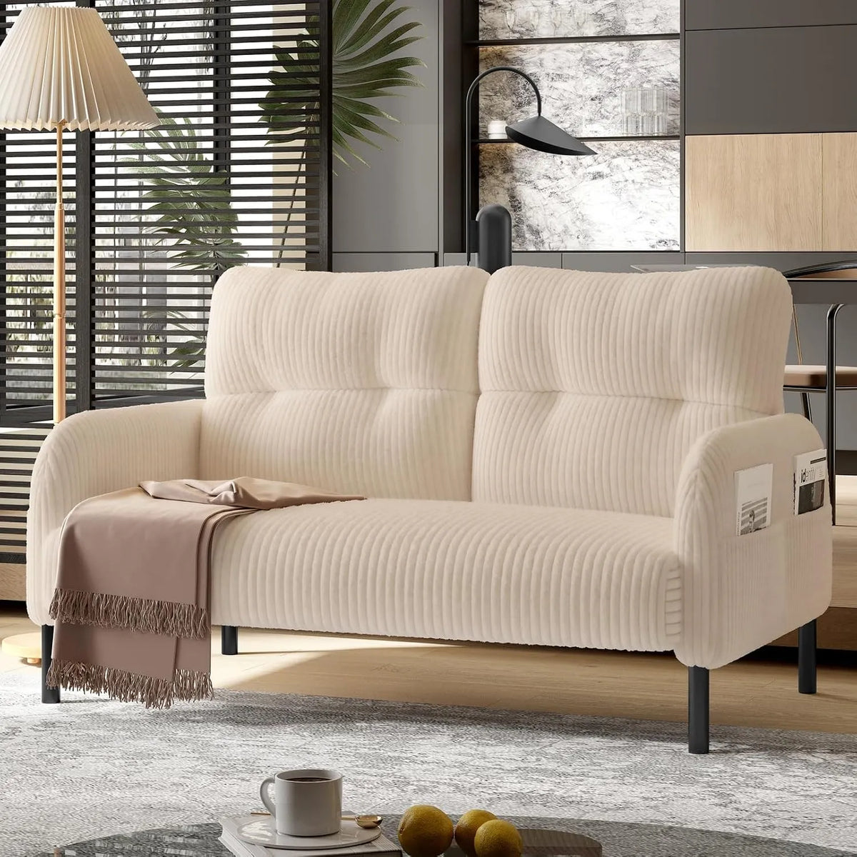 Canapé: en velours côtelé, avec dossier, avec coussins, usage à domicile, 2 Seat, beige