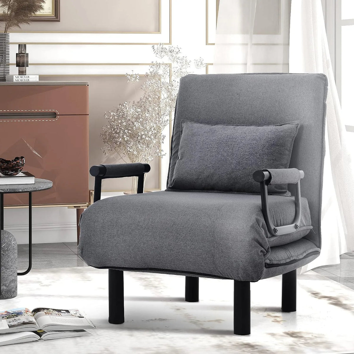 okwish Fauteuil et chaise rembourrée Convertible 1 Place — avec dossier, avec coussins, pliable, 66 × 56 × 83 cm, gris, réglable, revêtement en tissu